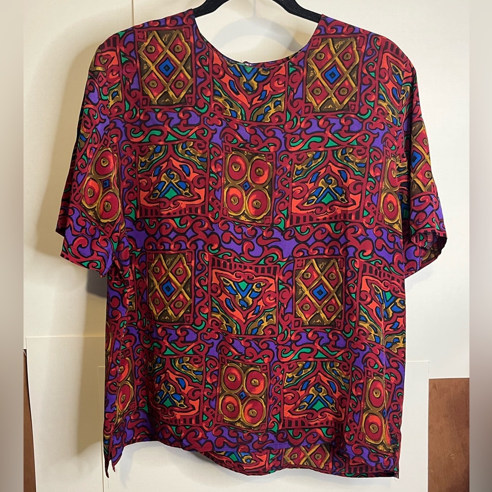 Bold Jewel Tone Geometric Print Silk Top from Christie & Jill Vintage